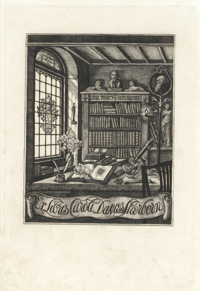 A scholar's study. Etching by C.W. Sherborn, 1890., 1890, by Charles William Sherborn
