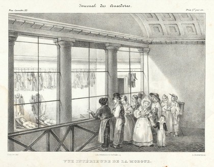 People visiting the morgue in Paris to view the cadavers. Lithograph by A. Boblet, 1833, after Cour (?).