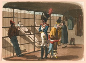 view People visiting the morgue in Paris to view the cadavers. Coloured aquatint by R.B. Peake, 1816.