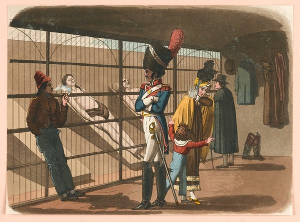 People visiting the morgue in Paris to view the cadavers. Coloured aquatint by R.B. Peake, 1816.