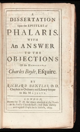 Title page of Bentley's 'A Dissertation upon the Epistles of Phalaris...'