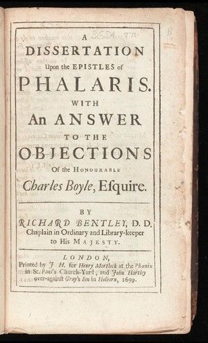 view Title page of Bentley's 'A Dissertation upon the Epistles of Phalaris...'