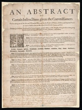 An abstract of certain instructions given the Commissioners for taking care of the sick and wounded men, for the relief of widows, children and impotent parents of such as shall be slain in His Majesties service at sea.