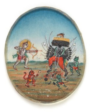 view Shri Rama shooting an arrow at Ravana, the ten-headed demon. Gouache painting by an Indian artist.