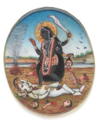 Goddess Kali dancing on Shiva. Gouache painting by an Indian artist.