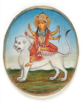 Bhairava riding on a dog, holding a club and a skull-bowl. Gouache painting by an Indian artist.