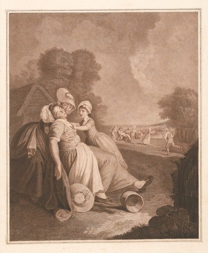 A girl fainting and collapsing into the arms of a woman, in the background is a similar scene of a fainting man. Engraving by W. Sedgwick after E. Penny.