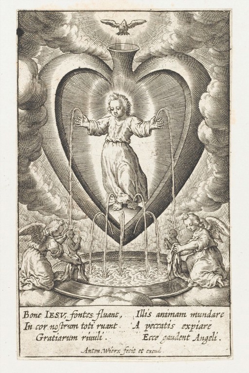 The Christ Child as Fountain of Life stands in the heart of the believer, with blood streaming from his hands and feet and being collected by angels. Engraving by A. Wierix, ca. 1600.