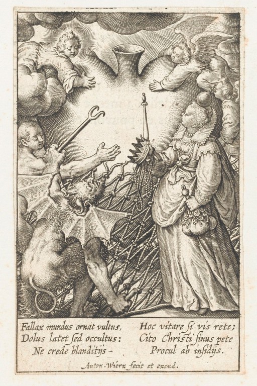 The Christ Child preserves the believer's heart from a snare in which the devil tries to trap it, and from worldly blandishments. Engraving by A. Wierix, ca. 1600.