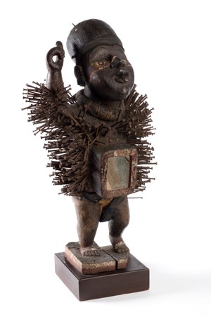 Sold at Auction: AFRICAN TRIBAL ART: NKISI NAIL FETISH/POWER FIGURE - Kongo  peoples, DR Congo. Carved wood figure with inserted nails, spongy bark, i...