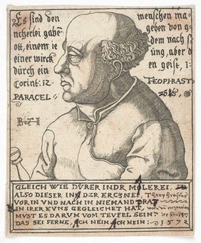 Aureolus Theophrastus Bombastus von Hohenheim (Paracelsus). Engraving by B. Jenichen, 1572, after A. Hirschvogel, 1538.