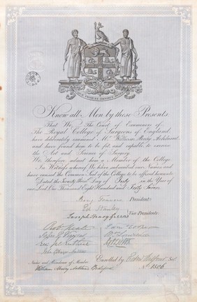 MRCS diploma for W.H. Ackland, 1847