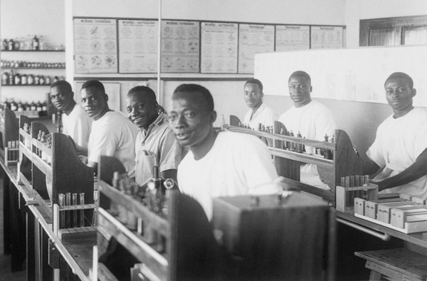 Students in theTeaching laboratory, Medical School, Yakusu Hospital, Yakusu, Belgian Congo