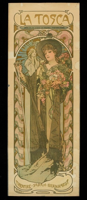 view Sarah Bernhardt in the role of La Tosca. Colour lithograph by A. Mucha, 1899.