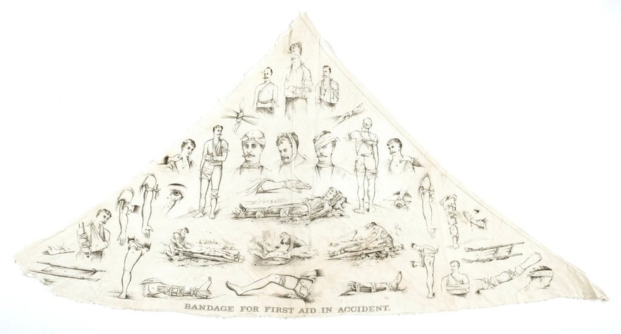 Bandaging techniques for use in first aid. Lithograph, ca. 1900.