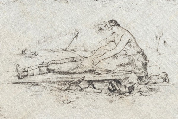 Bandaging techniques for use in first aid. Lithograph, ca. 1900.