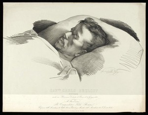 view Karl Pavlovich Bri︠u︡llov (Bryullov) on his deathbed. Lithograph by C. Cornienti, 1852.