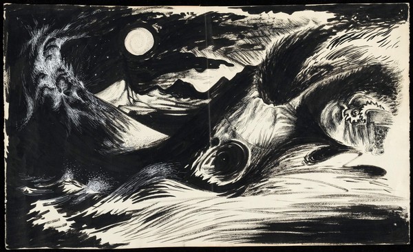 The dream of a patient in Jungian analysis: a volcanic landscape by moonlight. Drawing by M.A.C.T., 1967.