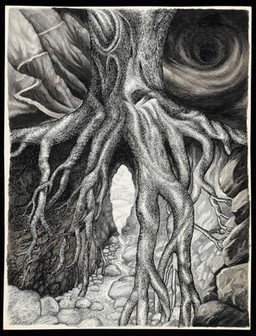The dream of a patient in Jungian analysis: a tree, of which the roots form a cleft through which a path leads to a valley. Drawing by M.A.C.T., 1976.