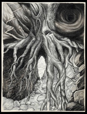 view The dream of a patient in Jungian analysis: a tree, of which the roots form a cleft through which a path leads to a valley. Drawing by M.A.C.T., 1976.