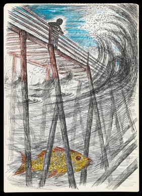 The dream of a patient in Jungian analysis: a person on a bridge, surrounded by swirling waters in which is a big golden fish. Drawing by M.A.C.T., 1973.