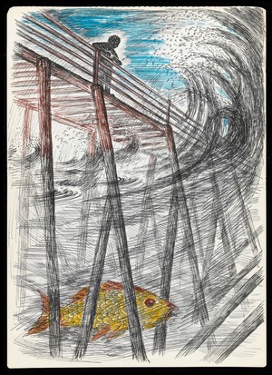 view The dream of a patient in Jungian analysis: a person on a bridge, surrounded by swirling waters in which is a big golden fish. Drawing by M.A.C.T., 1973.