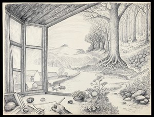 view The dream of a patient in Jungian analysis: a view through a window towards fields, hills and woods, with the hands of a writer in the foreground. Drawing by M.A.C.T., 1977.
