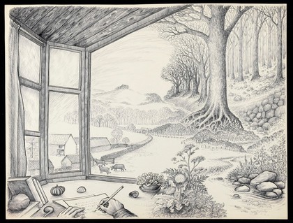 The dream of a patient in Jungian analysis: a view through a window towards fields, hills and woods, with the hands of a writer in the foreground. Drawing by M.A.C.T., 1977.