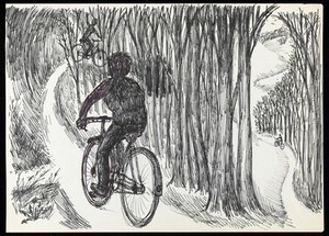 view The dream of a patient in Jungian analysis: a path through trees, on which three cyclists ride. Drawing by M.A.C.T., 197-.