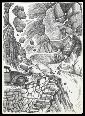 view The dream of a patient in Jungian analysis: an avalanche of rocks falls on to a road through mountains, breaking the roadside wall and blocking the progress of a car. Drawing by M.A.C.T., 197-.