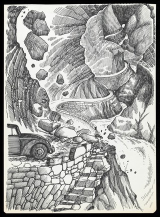 The dream of a patient in Jungian analysis: an avalanche of rocks falls on to a road through mountains, breaking the roadside wall and blocking the progress of a car. Drawing by M.A.C.T., 197-.