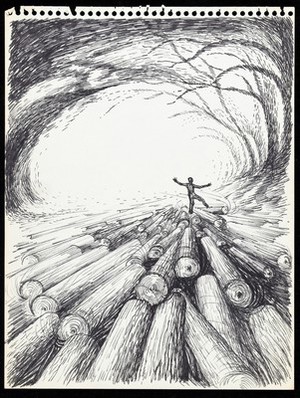 view The dream of a patient in Jungian analysis: logs rolling along a stream through a tunnel, a person stepping from one log to another. Drawing by M.A.C.T., 197-.