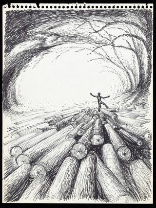 The dream of a patient in Jungian analysis: logs rolling along a stream through a tunnel, a person stepping from one log to another. Drawing by M.A.C.T., 197-.