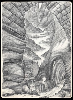 The dream of a patient in Jungian analysis: a rocky arch, from which steps lead to a river flowing through a lofty tunnel; left, houses on an embankment; beyond, a fjord. Drawing by M.A.C.T., 197-.