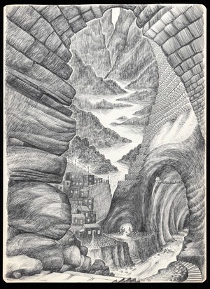 view The dream of a patient in Jungian analysis: a rocky arch, from which steps lead to a river flowing through a lofty tunnel; left, houses on an embankment; beyond, a fjord. Drawing by M.A.C.T., 197-.