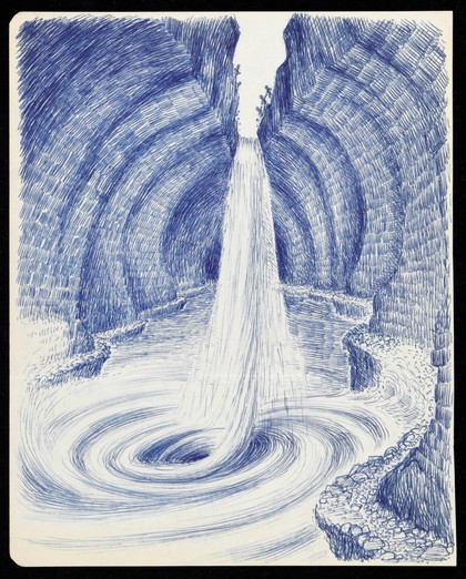 The dream of a patient in Jungian analysis: a tunnel, into which water cascades from the top into a swirling pool; small people look down from the top. Drawing by M.A.C.T., 197-.
