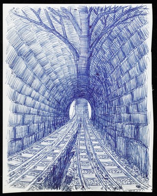 The dream of a patient in Jungian analysis: a railway tunnel, in which the rails at the far end form the trunk of a tree. Drawing by M.A.C.T., 197-.