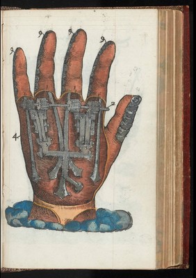 Hand painted wood engraving of artificial/mechanical hand.