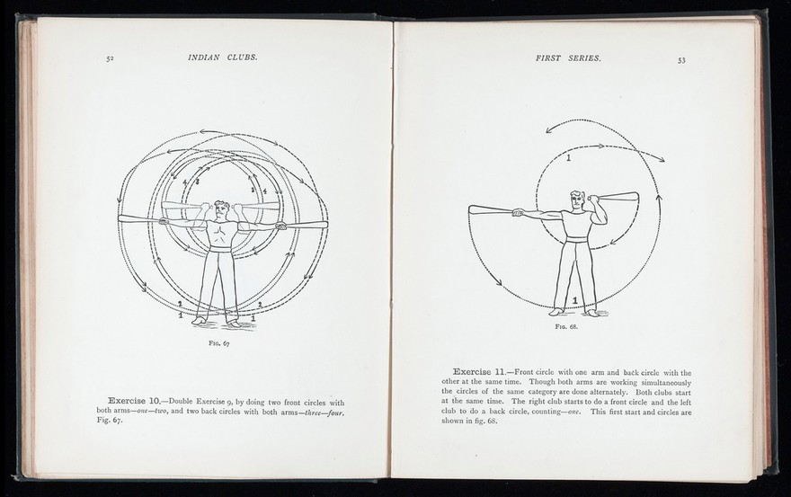 Indian clubs, and how to use them : a new and complete method for learning to wield light and heavy clubs graduated from the simplest to the most complicated exercises followed by an appendix on strength and strong men / by E. Ferdinand Lemaire.