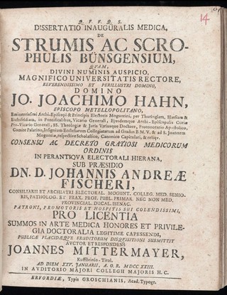 Dissertatio inauguralis medica, de strumis ac scrophulis Bünsgensium ... / [Johann Mittermayer].