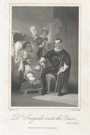 view Dr Sangrado taking the pulse of a sick clergyman. Engraving by Thurston, 1802, after C. Warren after A. Le Sage.