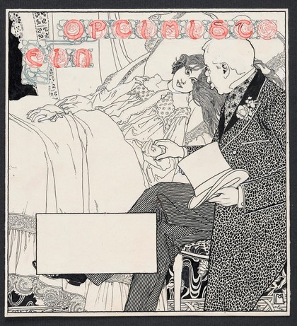 A physician taking the pulse of a young woman who shows him her tongue. Drawing by M. von Luttich.