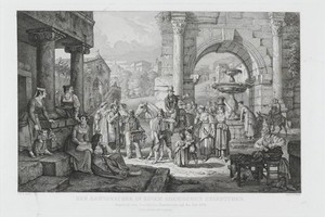 view A travelling tooth-drawer and medicine vendor in a town near Rome. Engraving by A.L. Richter, ca. 1834, after D.W. Lindau.