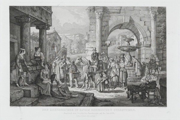 A travelling tooth-drawer and medicine vendor in a town near Rome. Engraving by A.L. Richter, ca. 1834, after D.W. Lindau.