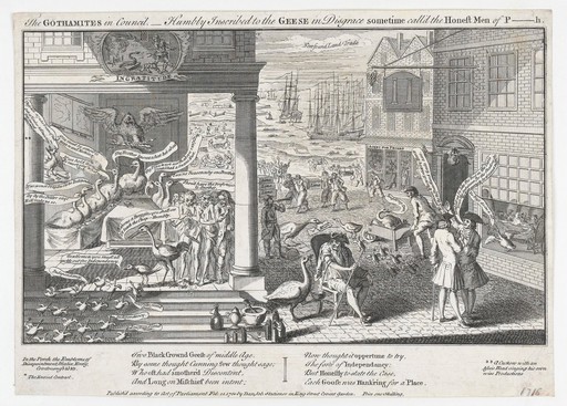 A goose lets blood from a seated gentleman holding a crutch. Etching, 1761