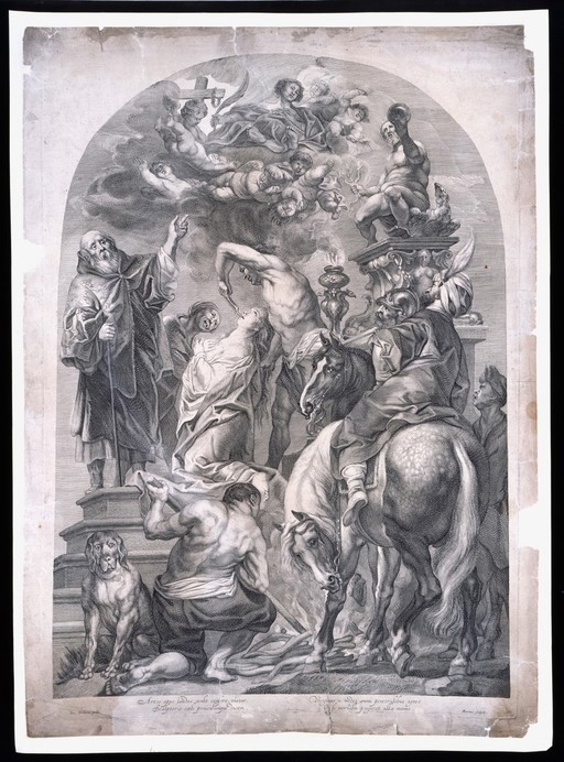 The martyrdom of Saint Apollonia. Engraving by Marinus, after Jacob Jordaens, 1628.