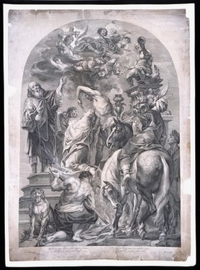 The martyrdom of Saint Apollonia. Engraving by Marinus van der Goes, 163-, after Jacob Jordaens, 1628.