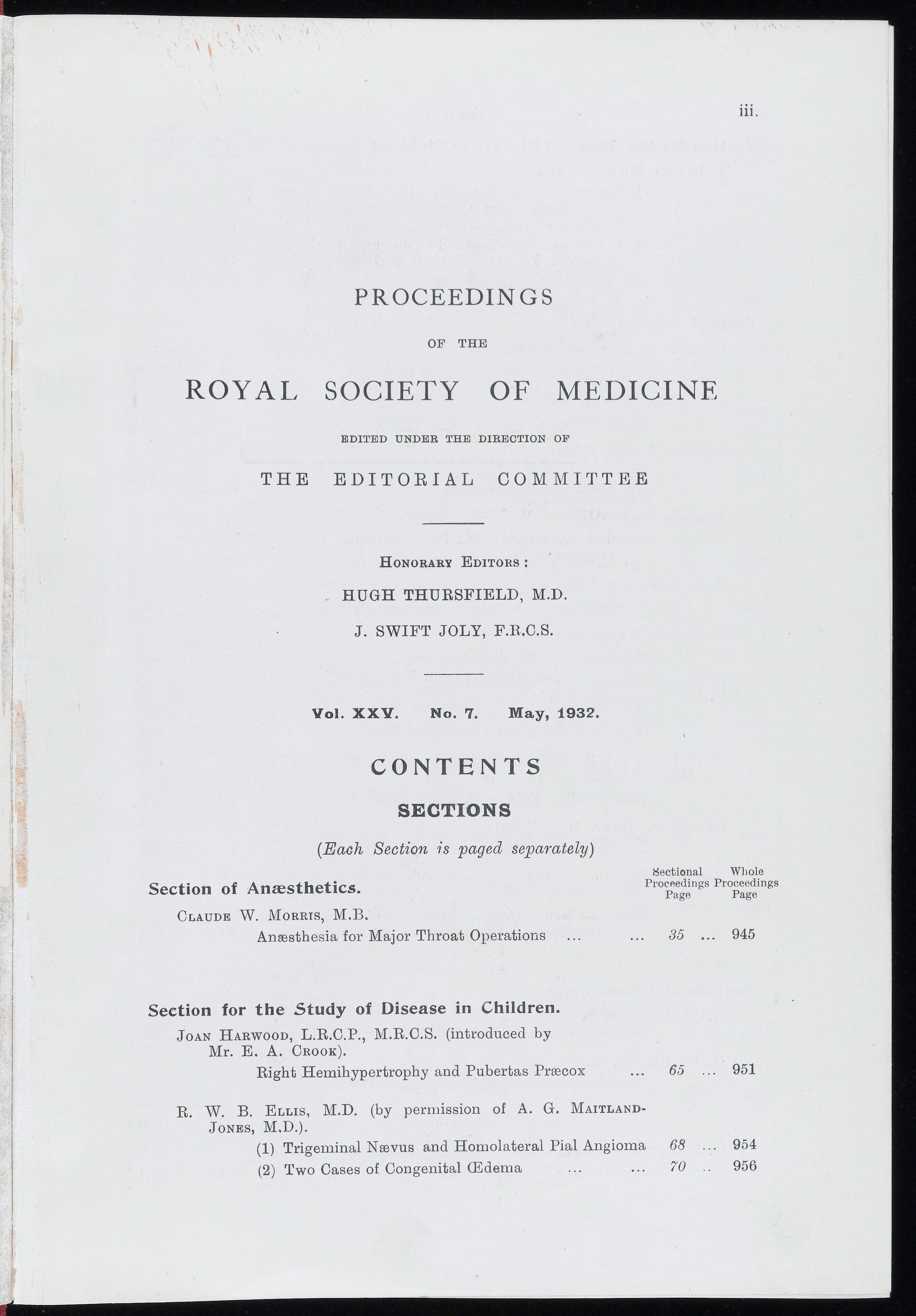 Proceedings of the Royal Society of Medicine, May 1932