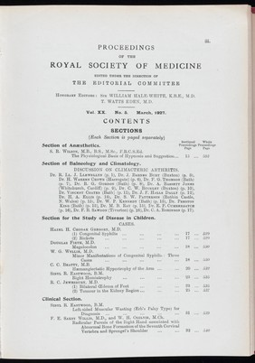 Proceedings of the Royal Society of Medicine, March 1927