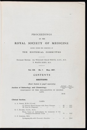 Proceedings of the Royal Society of Medicine, May 1927